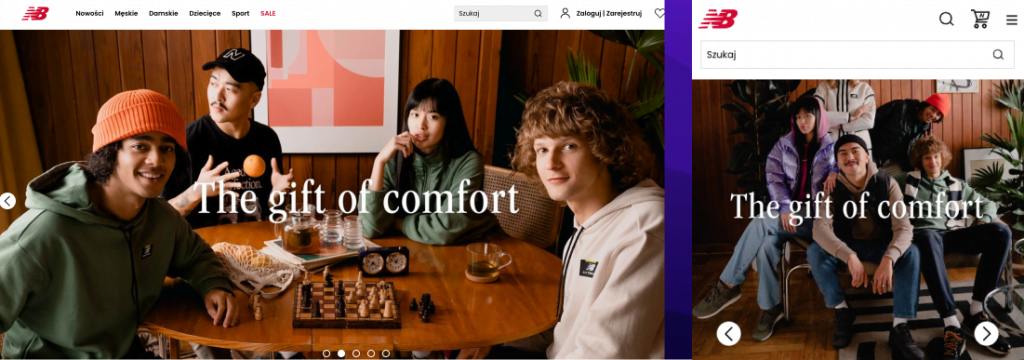 zestawienie widoku desktopowego i mobilnego strony głównej sklepu new balance, zdjęcie młodych ludzi i slogan: the gift of comfort
