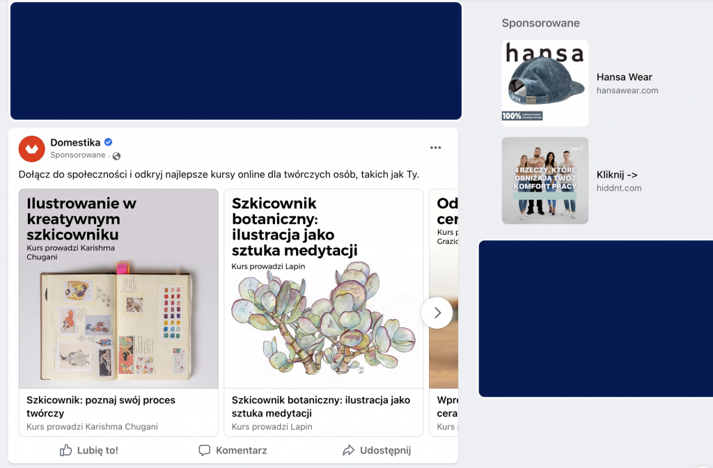 Widok różnych sposobów eksponowania reklamy na platformie Facebook: w centrum i w prawym górnym rogu.